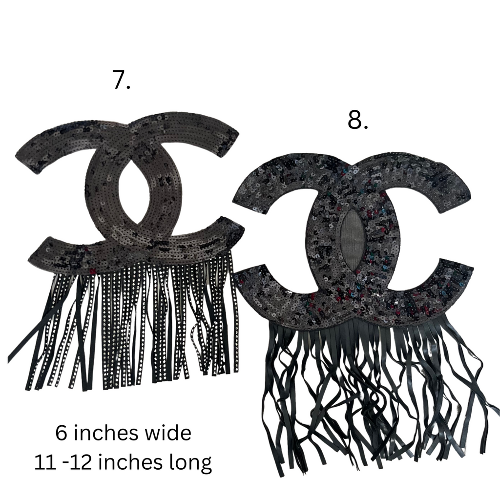 Black Fringe Designer Inspired Patches | Luxury Embroidered Patches | Custom Denim Jackets | Custom Vinyl Logos | CC luxury Patches | Sew on Patches | Chanel | Mesh patches