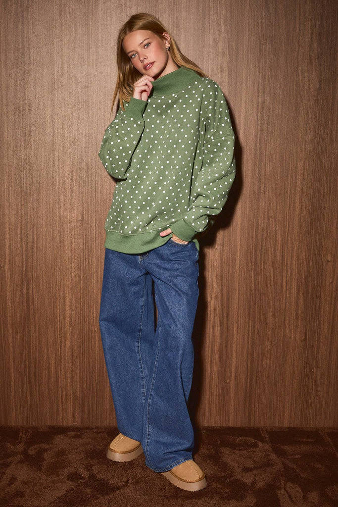 Santa's Favorite Reversible Oversized Mock Neck Sweatshirt: DUSTY GREEN-WHT DOT / XS