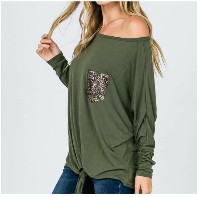 Front Sequin Pocket Off The Shoulder Tie Top