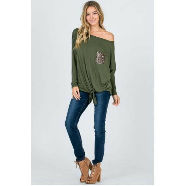 Front Sequin Pocket Off The Shoulder Tie Top