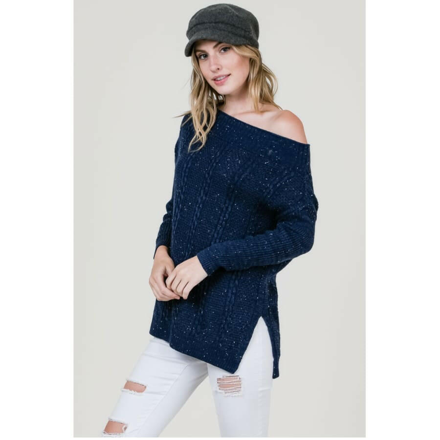 Off The Shoulder Navy Sparkle Sweater