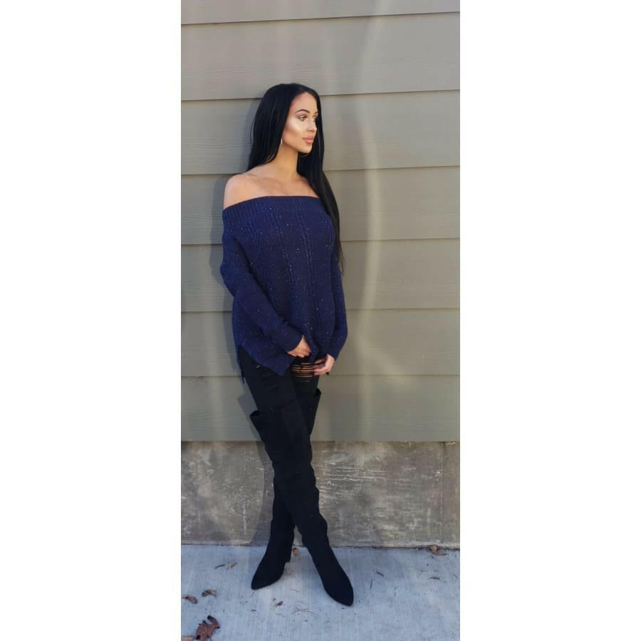 Off The Shoulder Navy Sparkle Sweater