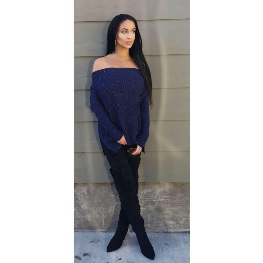Off The Shoulder Navy Sparkle Sweater