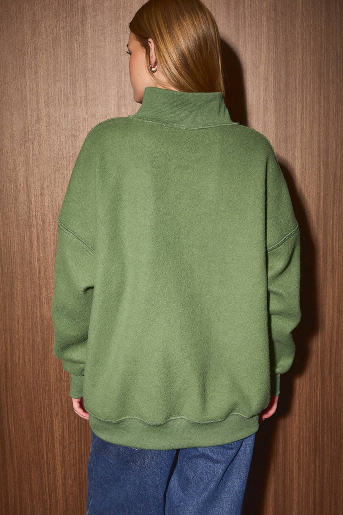Santa's Favorite Reversible Oversized Mock Neck Sweatshirt: DUSTY GREEN-WHT DOT / S