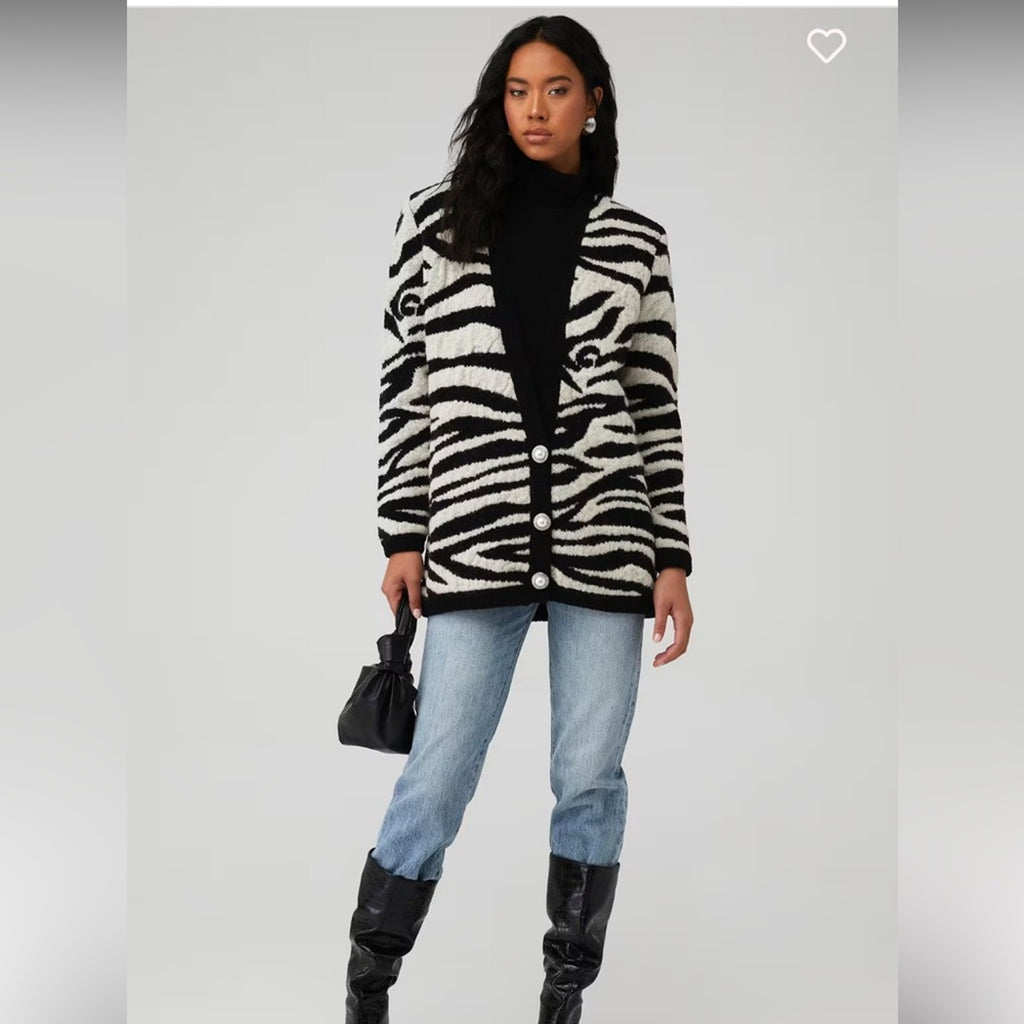 Ronny Kobo Zebra Cardigan Open Front Animal‎ Print wool coat