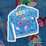Denim KIDS CUSTOM Jean Jackets | Toddler Jackets | Personalized Embroidered patches | Unicorn rainbow crown patch Sunglasses Patch | Toddler Boys jackets | Toddler Custom Jacket