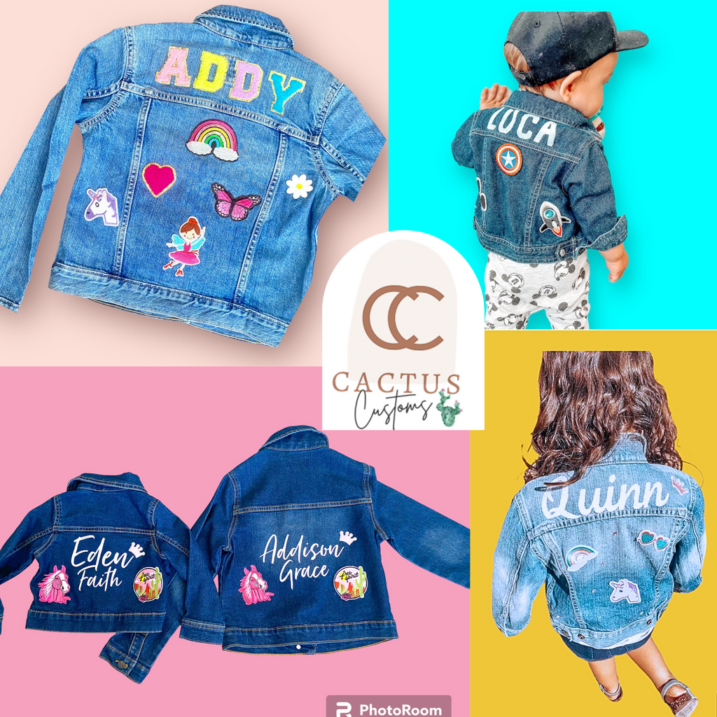 Denim KIDS CUSTOM Jean Jackets | Chenille patches| iron on patches| KidsBaby Toddler with Embroidered Personalized patches Unicorn rainbow crown patch heart patch