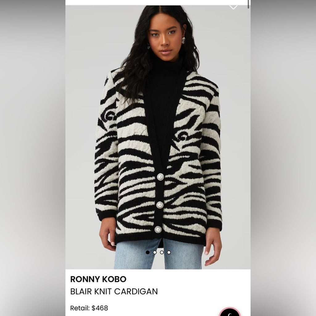 Ronny Kobo Zebra Cardigan Open Front Animal‎ Print wool coat