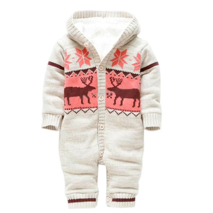 Baby Winter Thick Reindeer Bodysuit Fleece Lined - Beige / 0-6M
