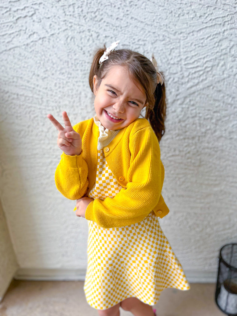 Checkered Girls dress | Cardigan dress for kids | Girls knit dress | yellow checkered | Girls summer Dress