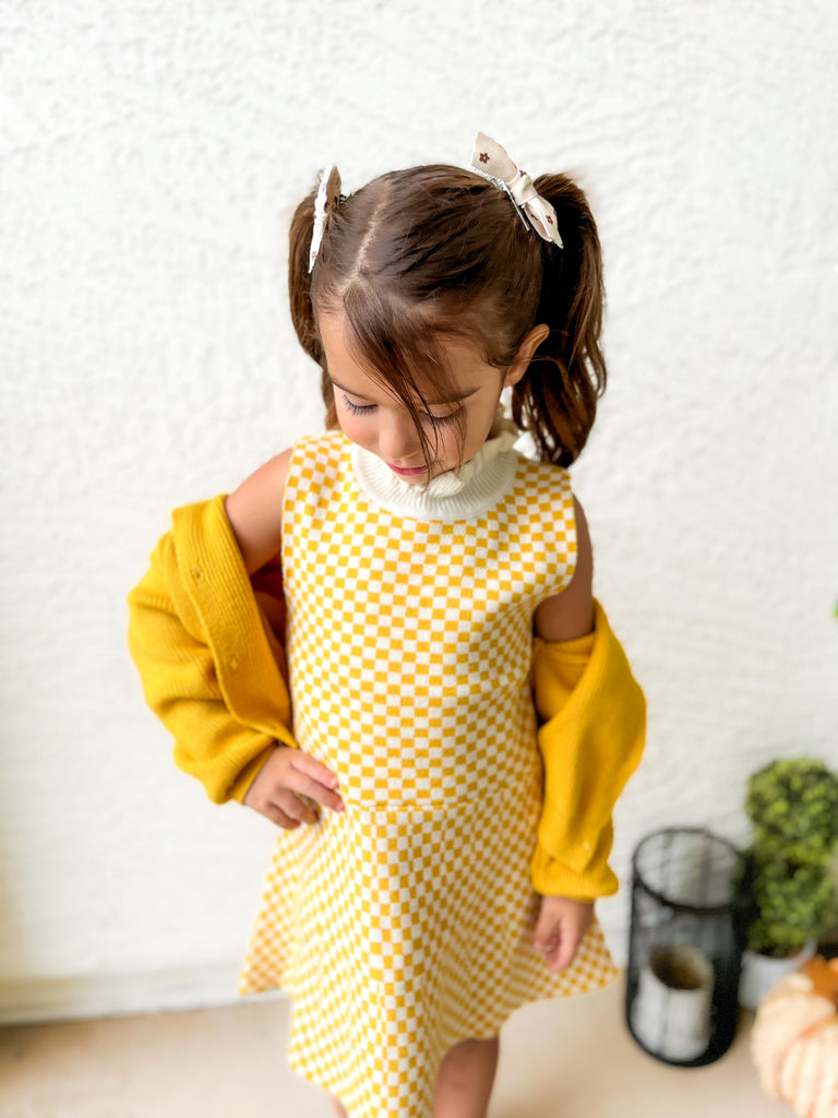 Checkered Girls dress | Cardigan dress for kids | Girls knit dress | yellow checkered 