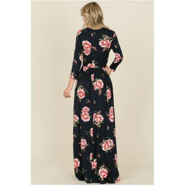 Long Sleeve Navy Floral Maxi Dress - Dress